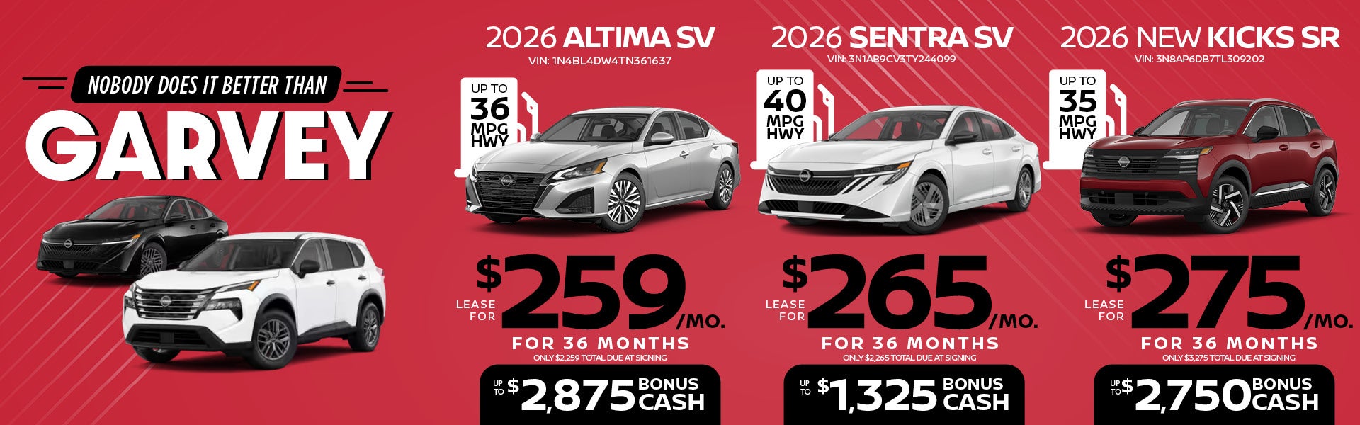 2026 Altima SV, Sentra SV, New Kicks SR