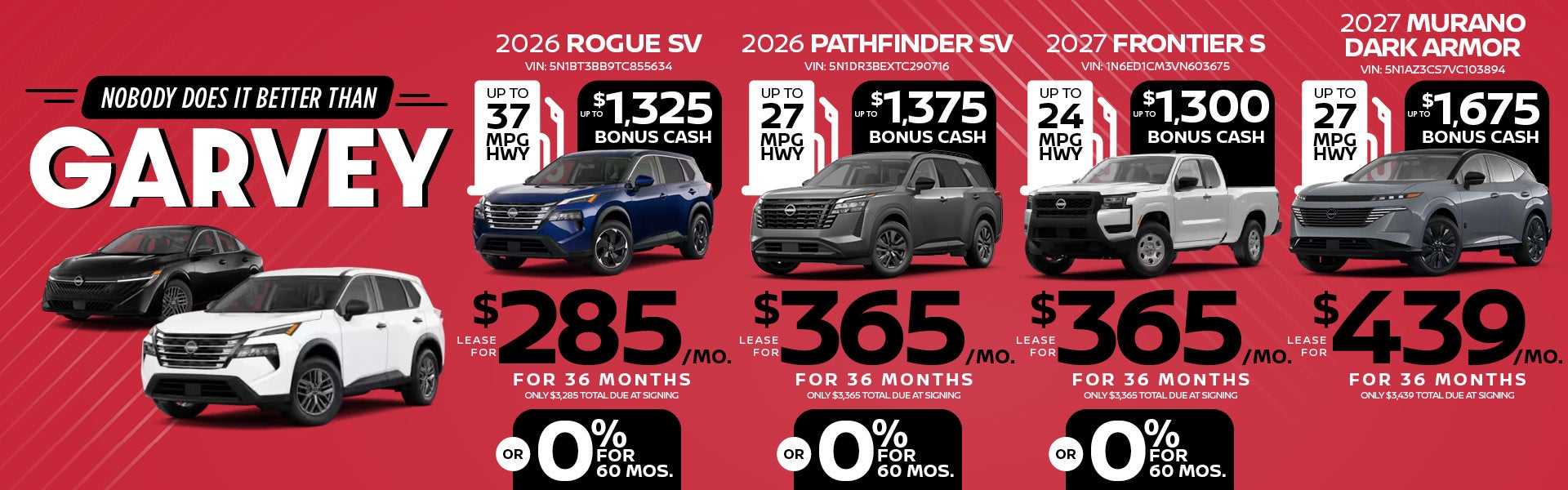 2026 Rogue, Pathfinder, 2027 Frontier, Murano Dark Armor
