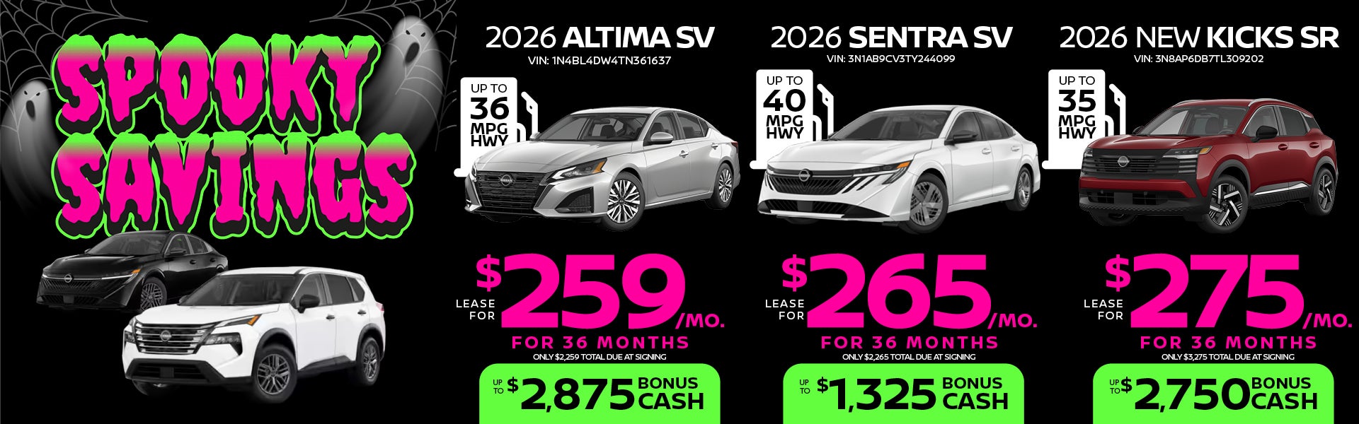 Spooky Savings - Altima, Sentra, Kicks lease offers
