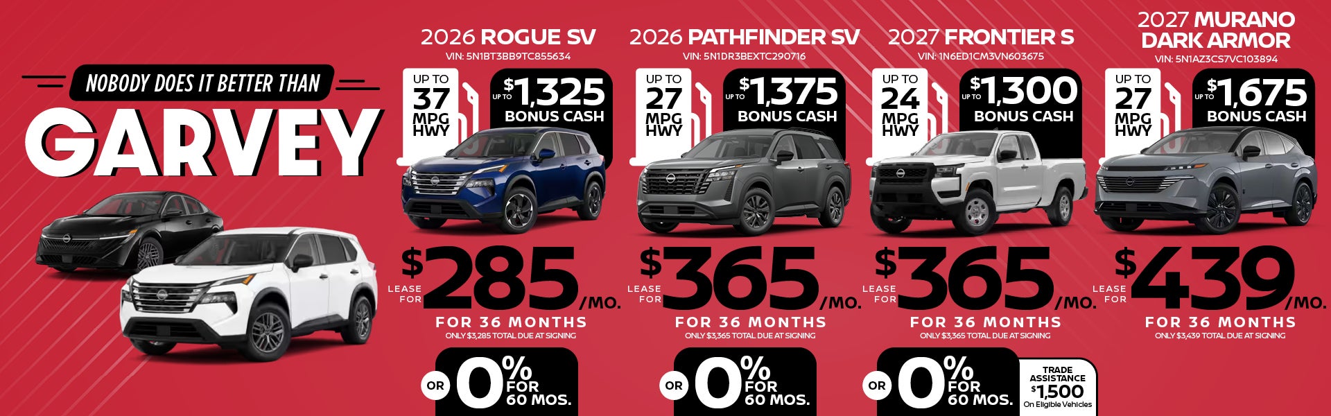 2026 Rogue, Pathfinder, 2027 Frontier, Murano Dark Armor